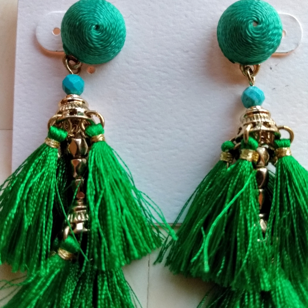 Stony Gold and Green Statement Tassel Earrings - Picture 3 of 3